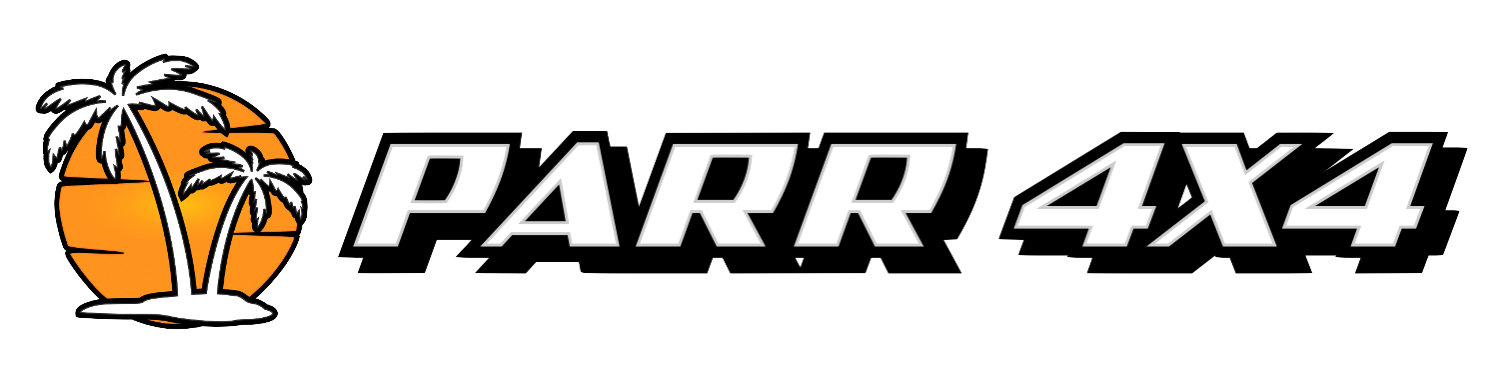 A logo for parr 4x4 with a palm tree on a beach