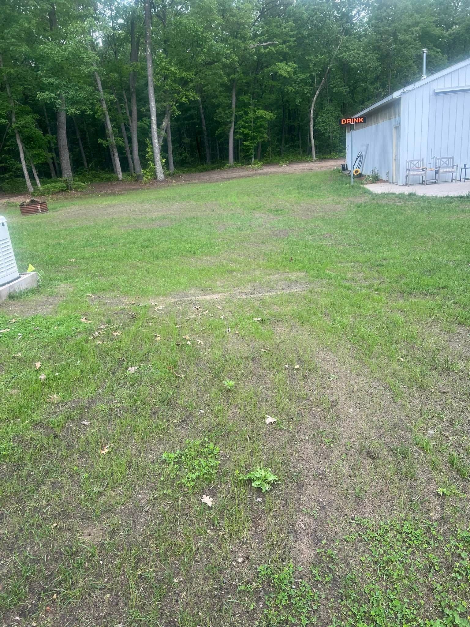 A grassy backyard leading to a small, light-colored metal shed near a line of trees.