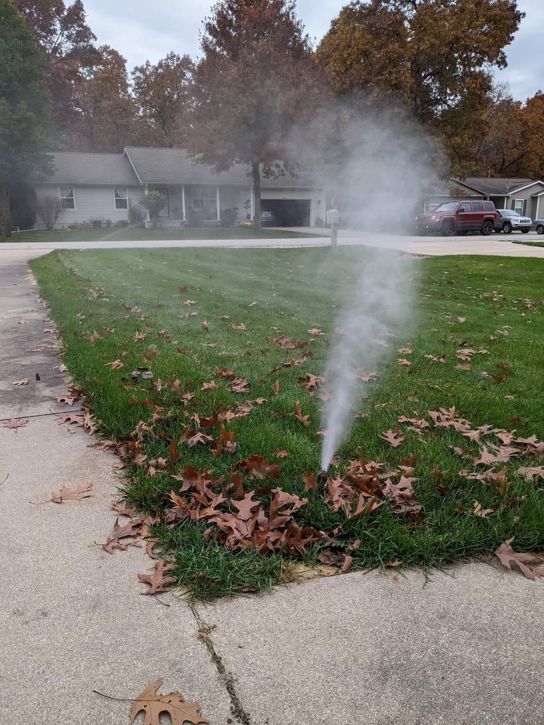 A broken residential sprinkler head spraying a high plume of water into the air on a leaf-covered lawn.