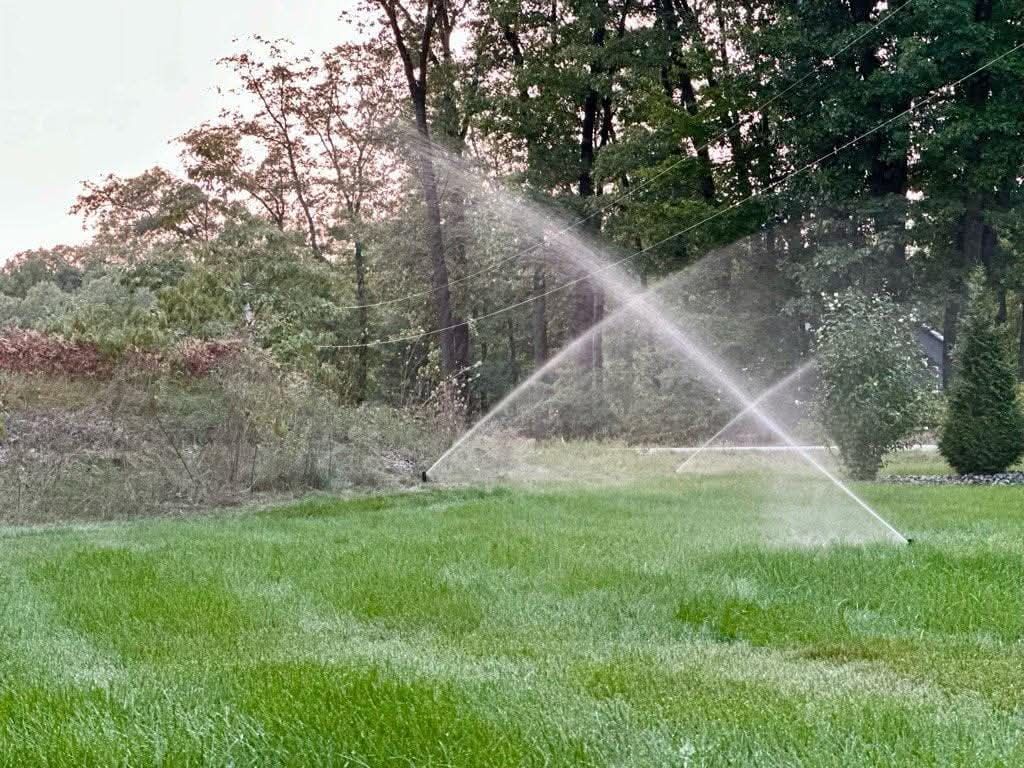 Two lawn sprinklers spray water in crossing arcs across a green, mowed lawn with trees in the background.