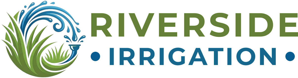 Logo for Riverside Irrigation featuring a stylized blue water fountain spraying over green grass, with text to the right.