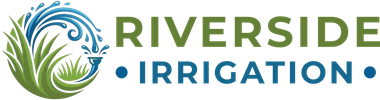 Logo for Riverside Irrigation featuring a stylized blue water fountain spraying over green grass, with text to the right.