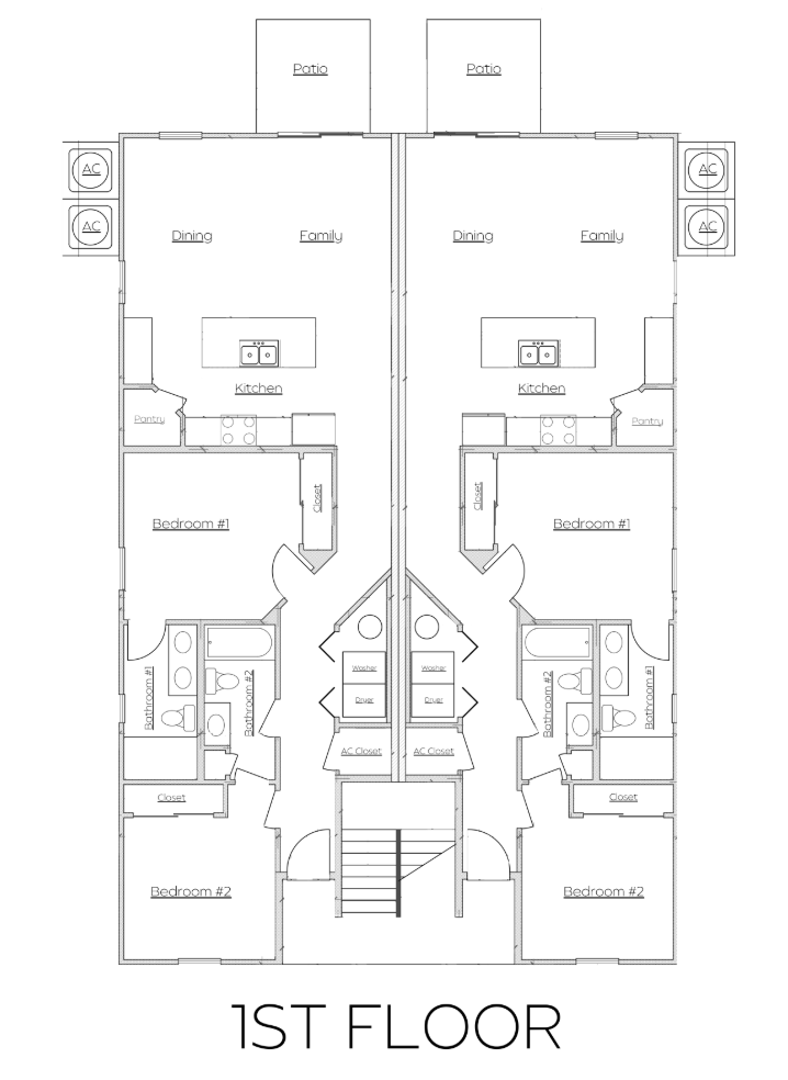 Symmetrical black-and-white 1st floor house plan with mirrored rooms, stairs, and central hallway.