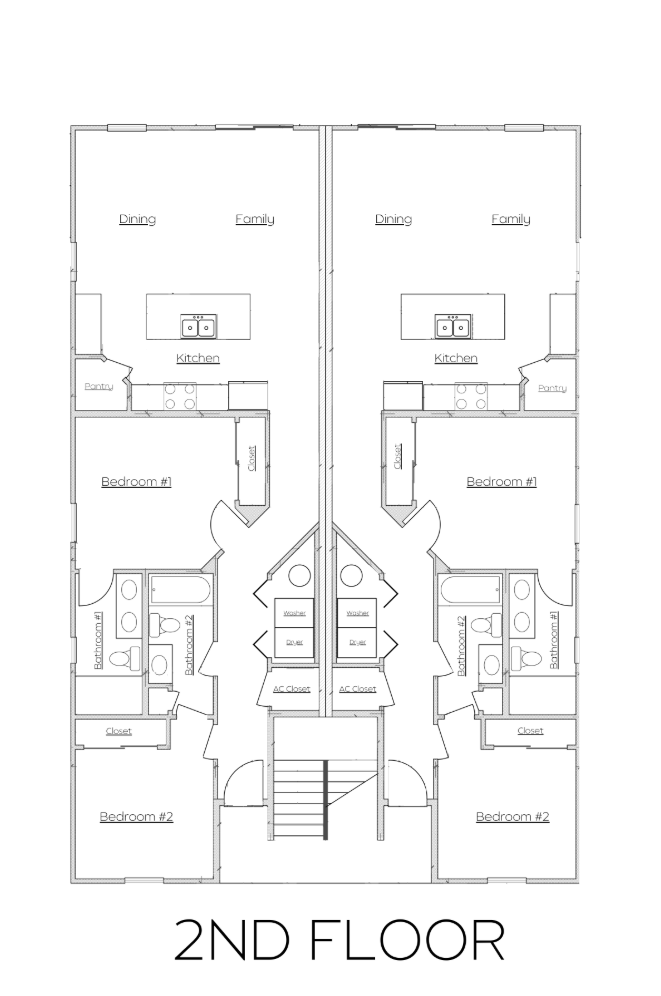 2nd floor architectural floor plan with mirrored rooms and central staircase