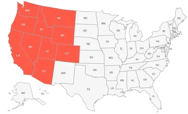 U.S. map with western states highlighted in red and the rest shown in gray