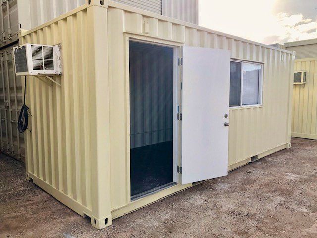 20 ft. Mobile Office trailer with front door and window with door open and creme exterior