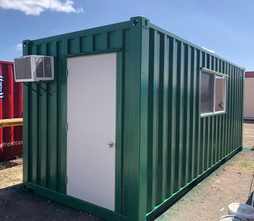 20 ft. Mobile Office trailer front with window and side entrance and green exterior