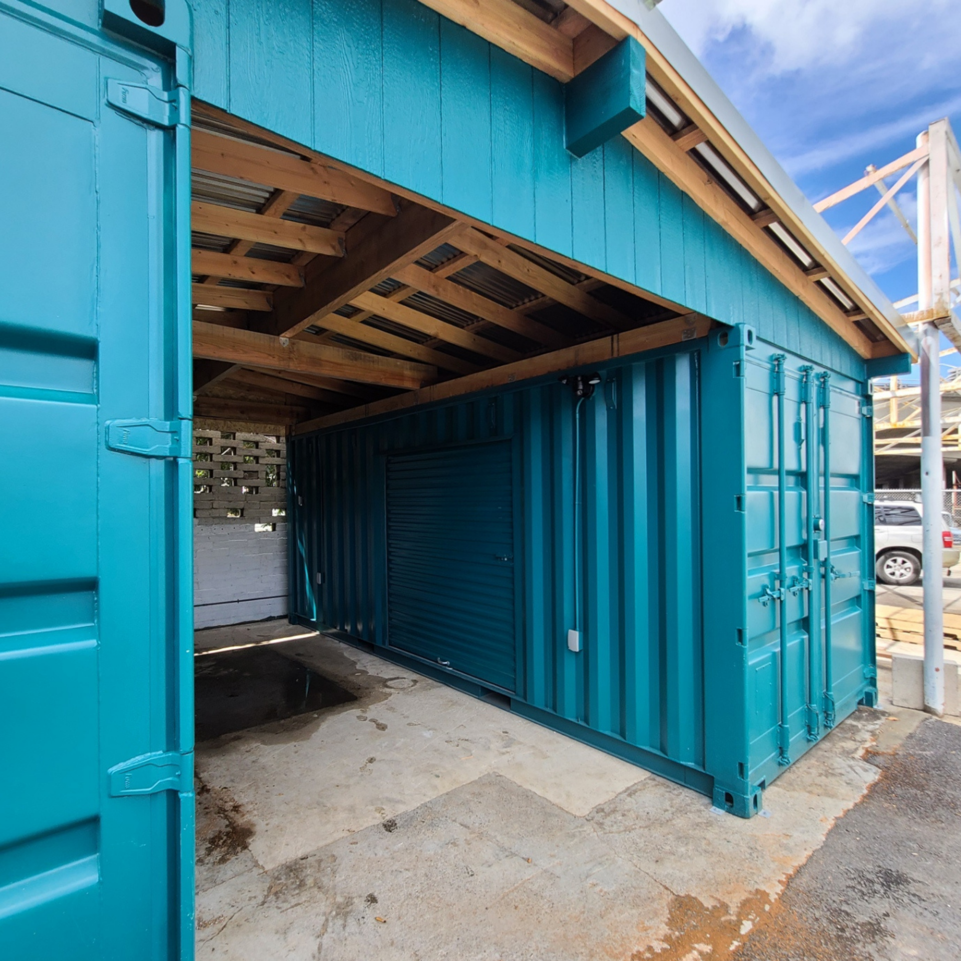 Shipping Container Storage Solution with custom roofing installed