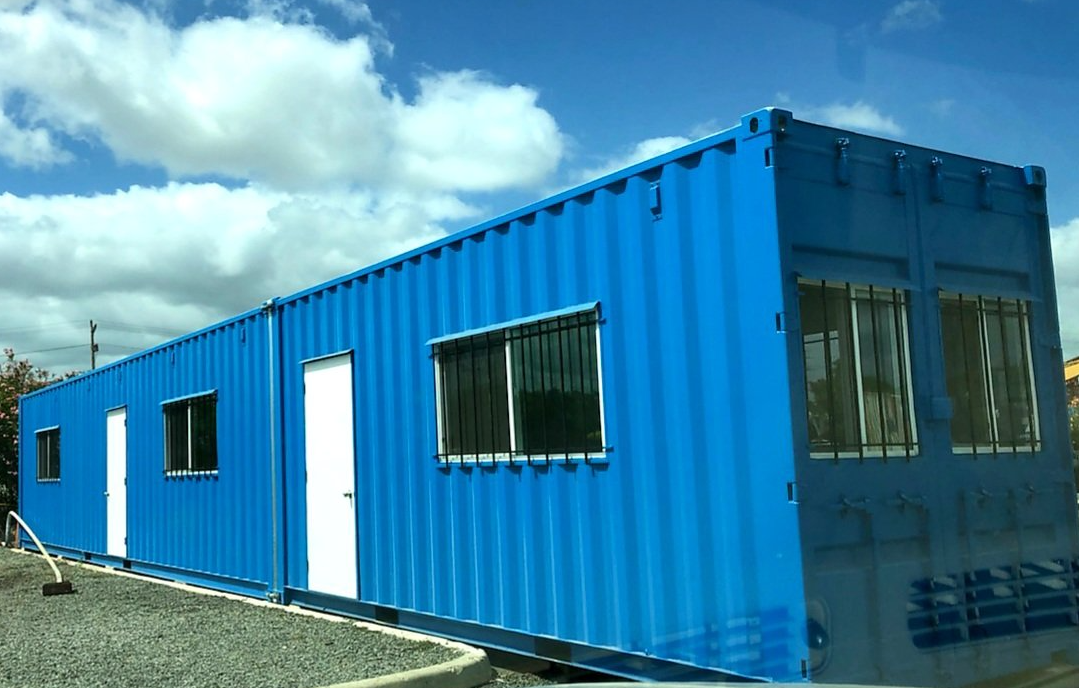 40 ft Custom Shipping Container Space with door and windows with blue exterior