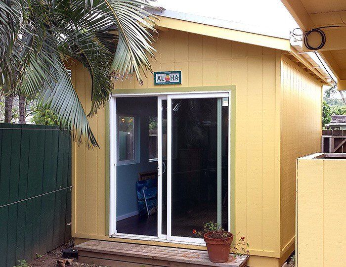 Studio Shed with sliding glass doors and pitched roof