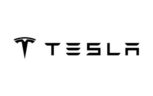 the tesla logo is black and white on a white background .