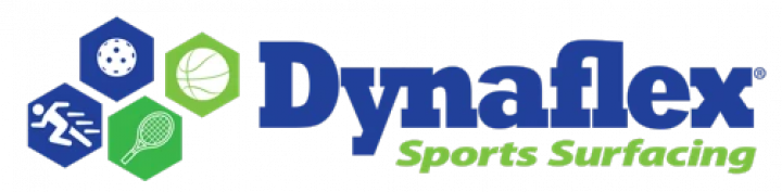 DynaFlex Sports Surfacing logo with blue text and green hexagon sports icons