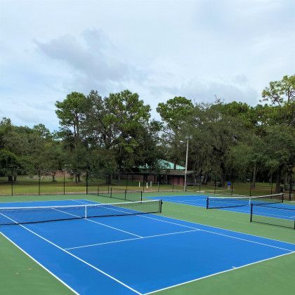 Blue tennis courts in a park with green trees and a cloudy sky