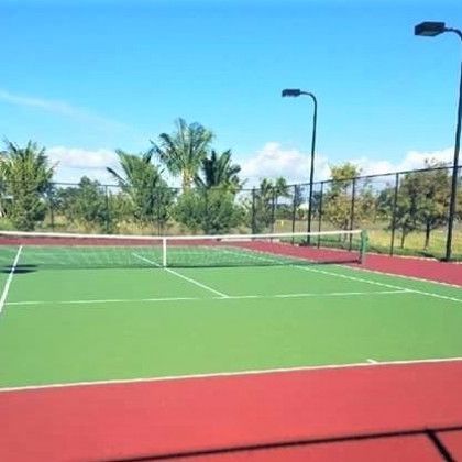 Empty outdoor tennis court with red and green surface, net, and palm trees under a clear blue sky