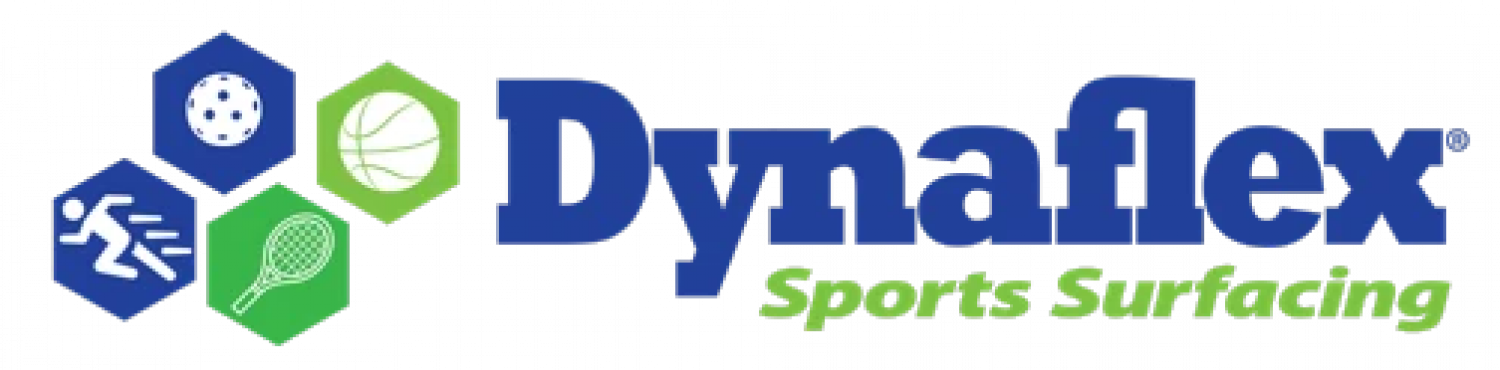 DynaFlex Sports Surfacing logo with blue text and green-blue hexagon icons