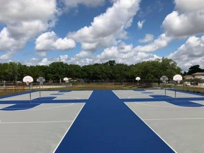 Empty outdoor basketball courts with blue and gray pavement under a cloudy sky.