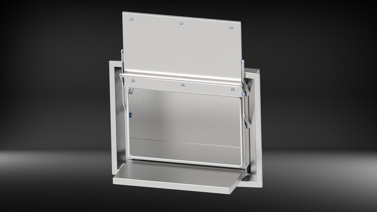 Darstellung einer geöffneten WallDesk mit Hubtür und ausziehbarem Arbeitsblatt