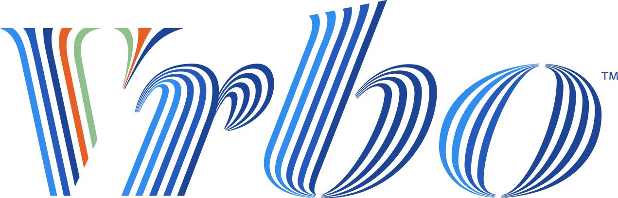 Vrbo logo, blue and orange striped letters on white background.