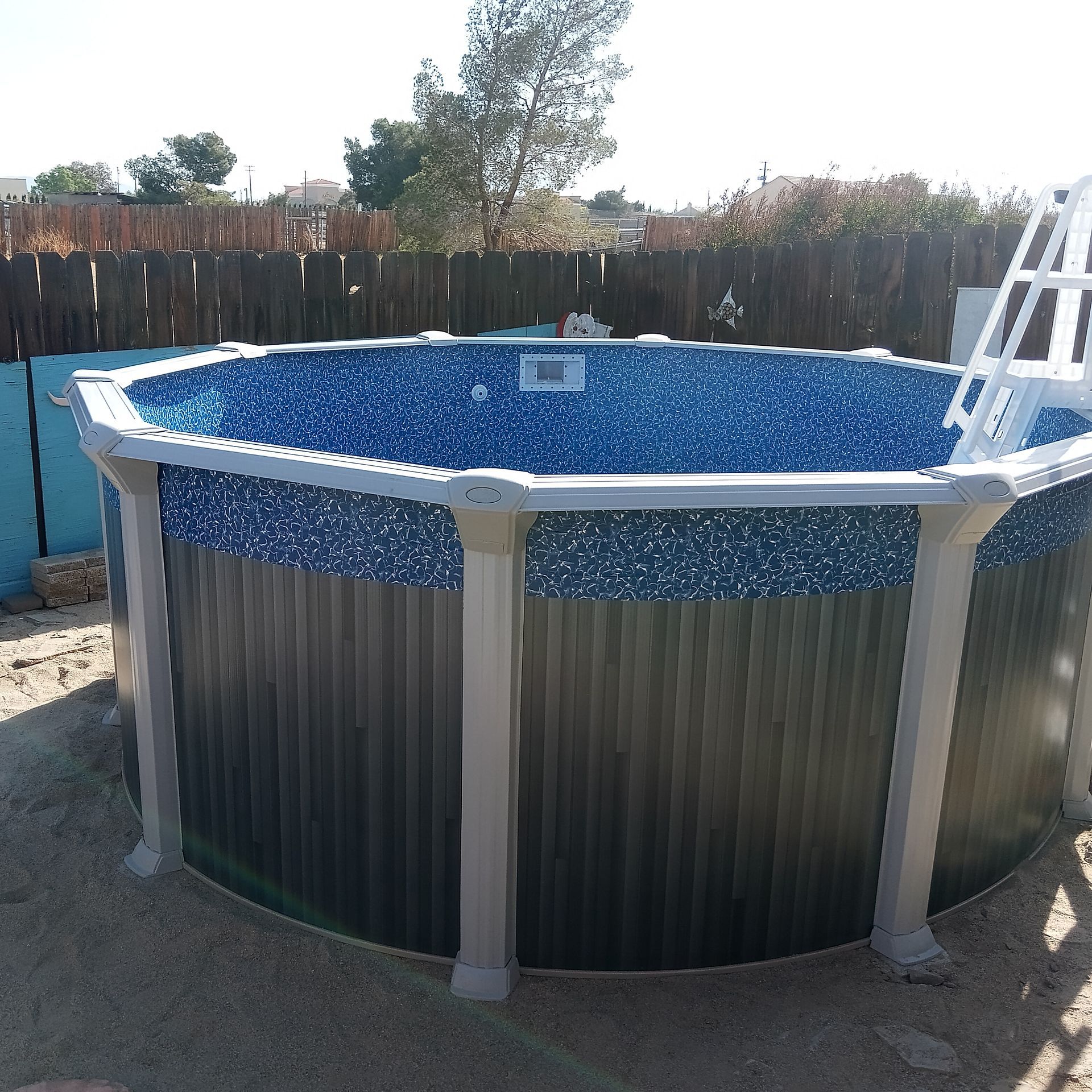 Round above-ground pool with blue liner and white ladder in a fenced backyard