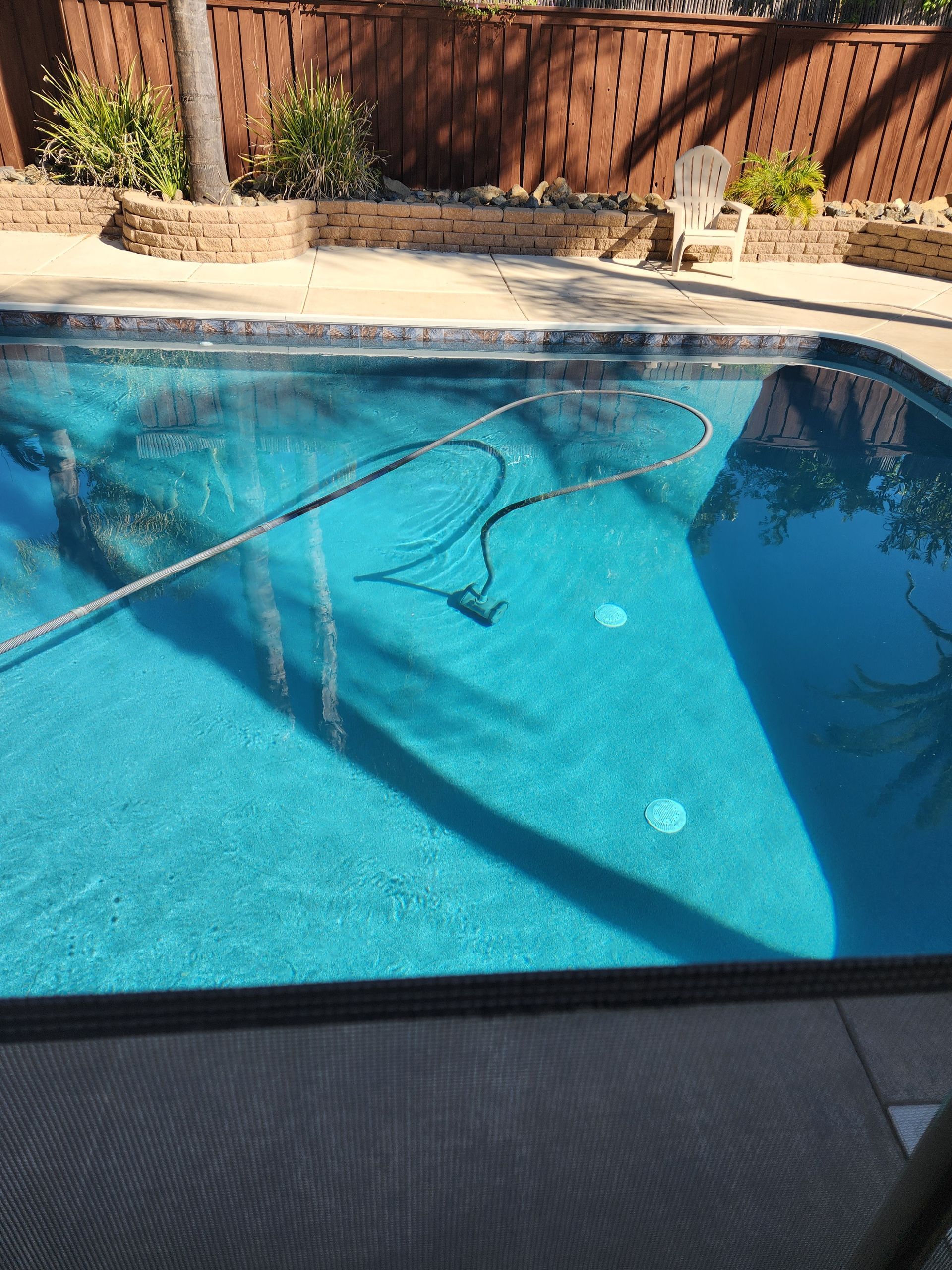 Swimming pool with blue water, cleaning pole, and backyard fence in bright sunlight