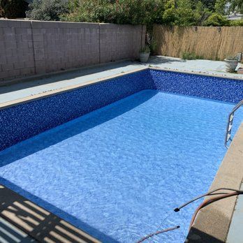 Empty blue backyard swimming pool with tiled walls and a metal ladder, next to a concrete fence and plants
