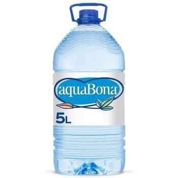 Una botella de 5 litros de agua Aquabona con asa azul.