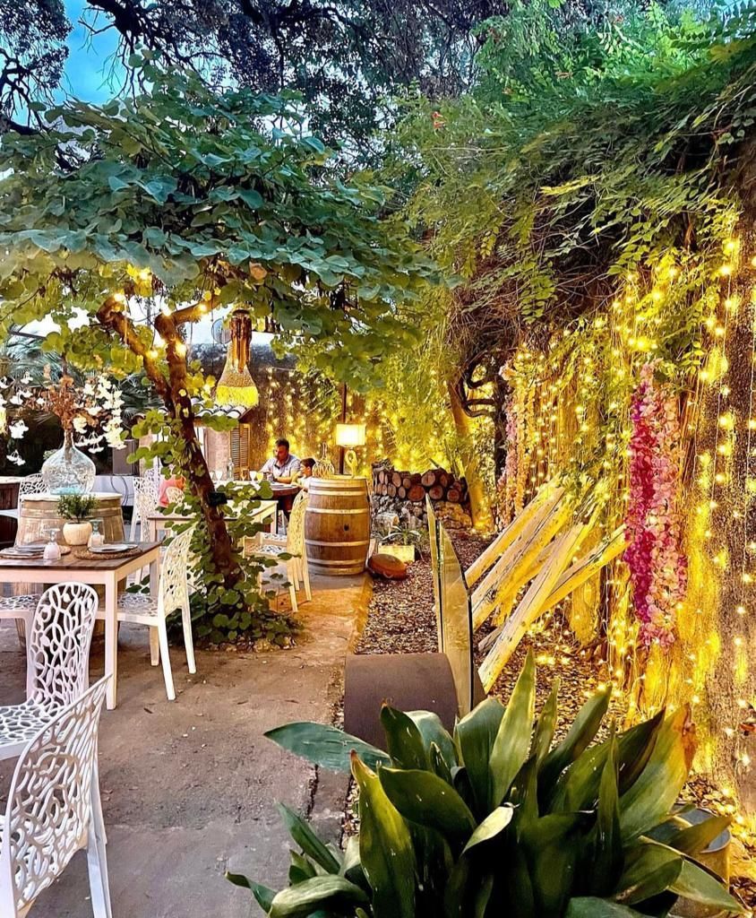 Un patio con mesas y sillas rodeado de arboles y luces.