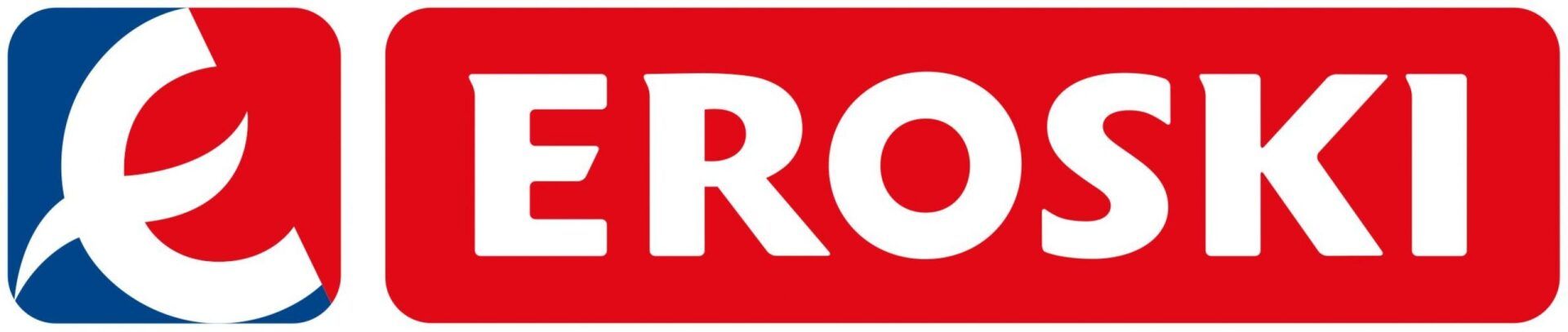 Un logotipo de Eroski en rojo y blanco sobre un fondo blanco.