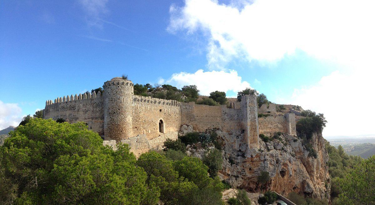Un castillo está situado en la cima de una colina rodeado de árboles.