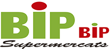 El logotipo de los supermercados BIP es verde y rojo con un círculo rojo en el medio.