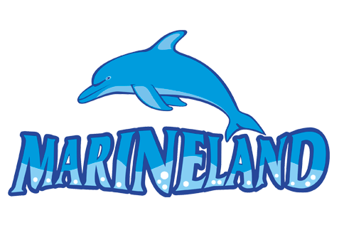 Un logotipo para Marineland con un delfín saltando fuera del agua.