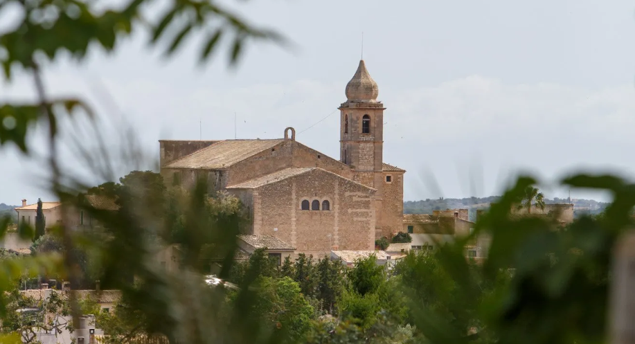 A través de los árboles se ve una iglesia con un campanario.