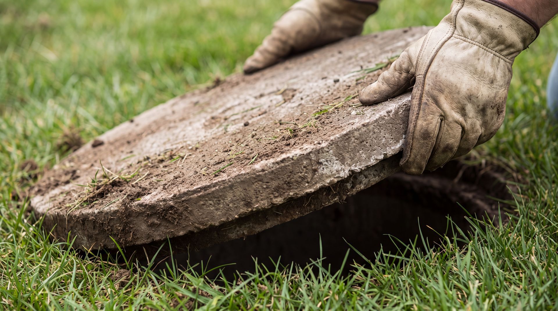 Septic inspection of a concrete tank cover in a grassy yard.