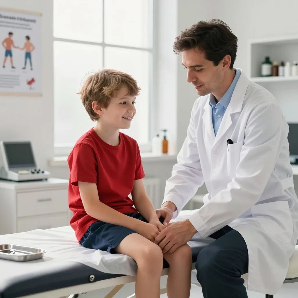 Doctor examining a smiling child’s knees in a bright clinic room