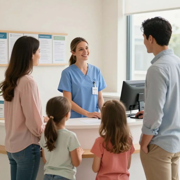 Nurse talking with a family at a clinic reception desk