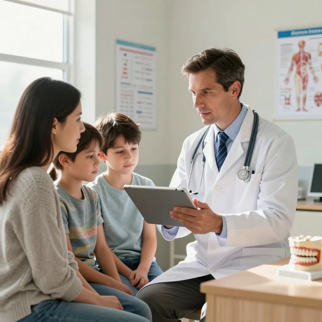 Doctor showing tablet to two children in a bright clinic, with a dental model on the table.