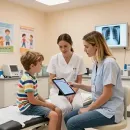 Child with two clinicians in a bright exam room, one showing a tablet while an X-ray displays on the wall