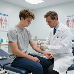 Doctor examining a patient’s arm in a clinic room