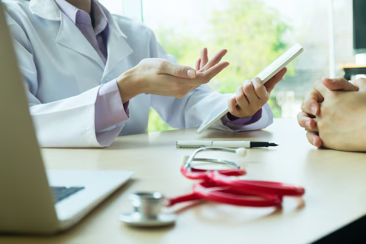Doctor consulting with a patient at a desk, holding a tablet, with a red stethoscope in the foreground