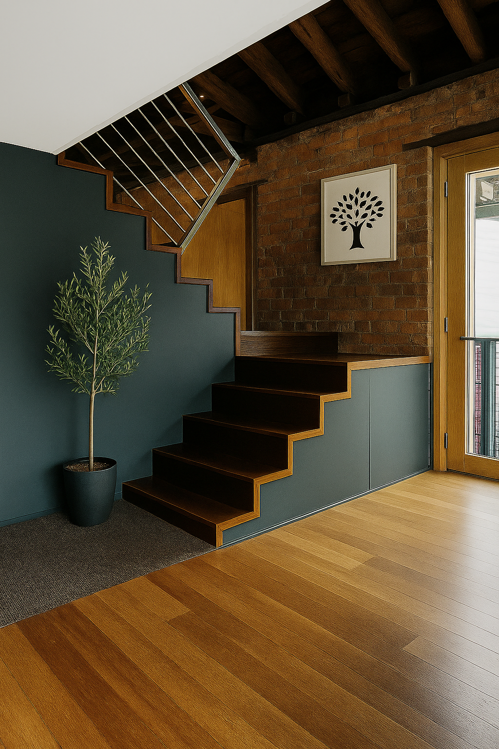 A wooden staircase leading up to the second floor of a house.
