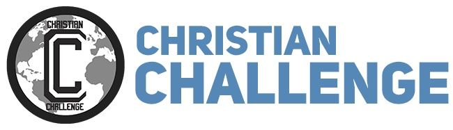 Christian Challenge logo with a black-and-white circular emblem and blue text on white background