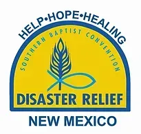 Logo for Southern Baptist Convention disaster relief in New Mexico, with blue, yellow, and green emblem and wheat symbol