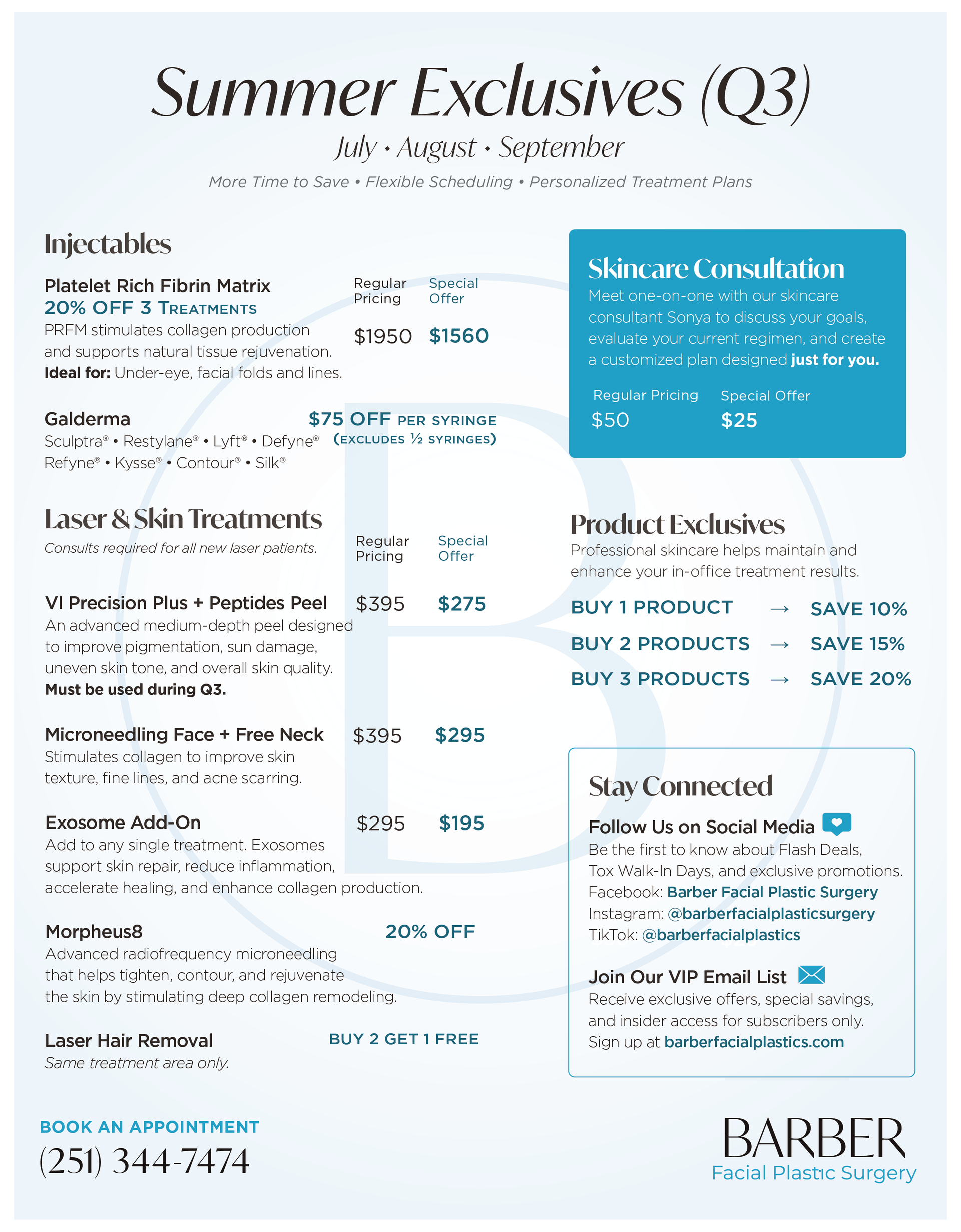 Flyer with Special Offers for Summer 2026 Q3 Injectables Microneedling Laser and Skin Treatments Product Sales