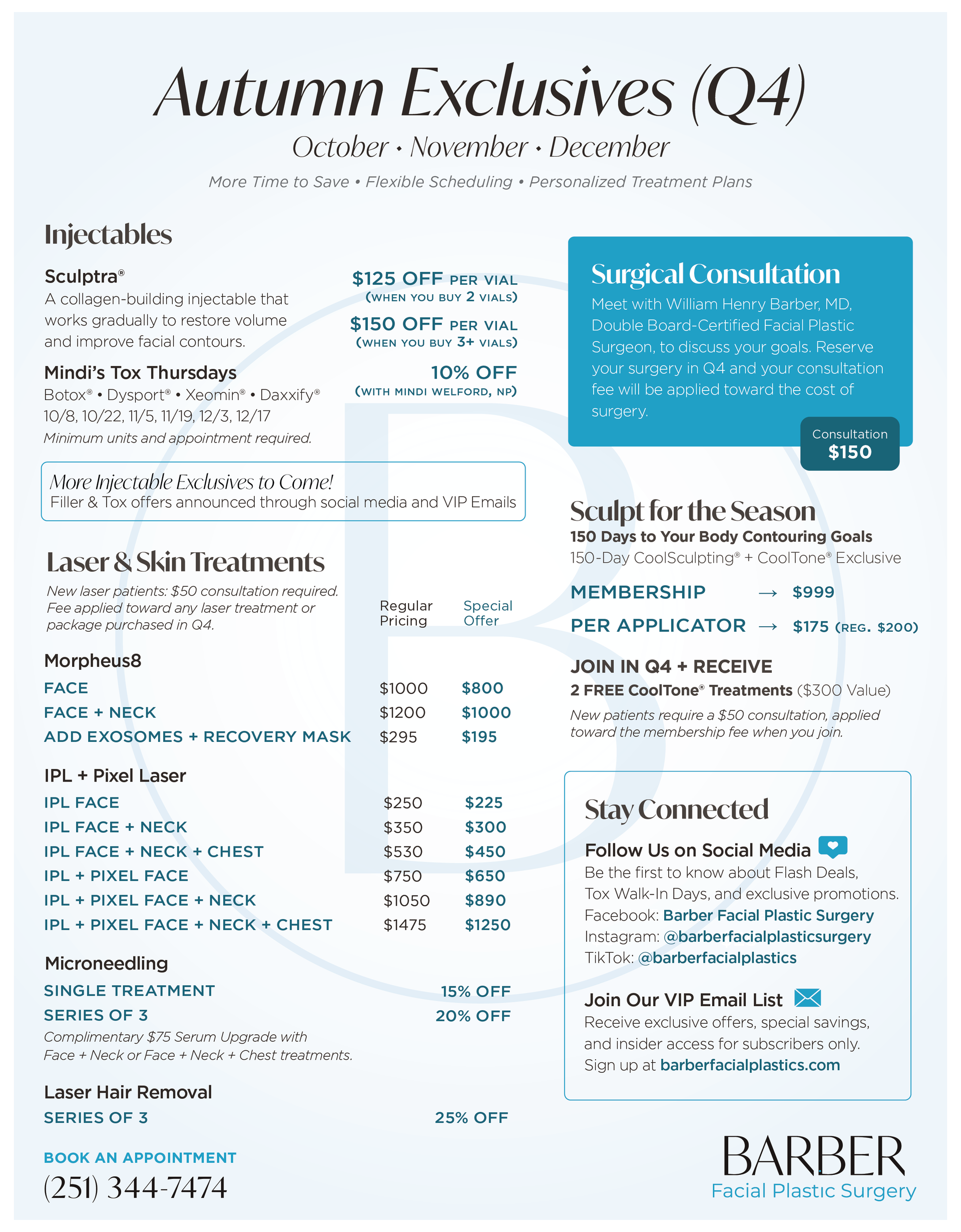Barber Facial Plastic Surgery Autumn Exclusives Q4 2026 special offers flyer: Sculptra, Tox Thursdays, surgical consultation, CoolSculpting and CoolTone membership, Morpheus8, IPL and Pixel laser, microneedling, and laser hair removal