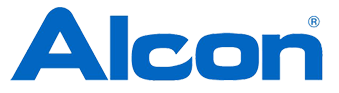 Blue Alcon logo on a white background.