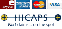 Accepted payment methods including EFTPOS, American Express, Mastercard, Visa, and HICAPS for on-the-spot health claims.