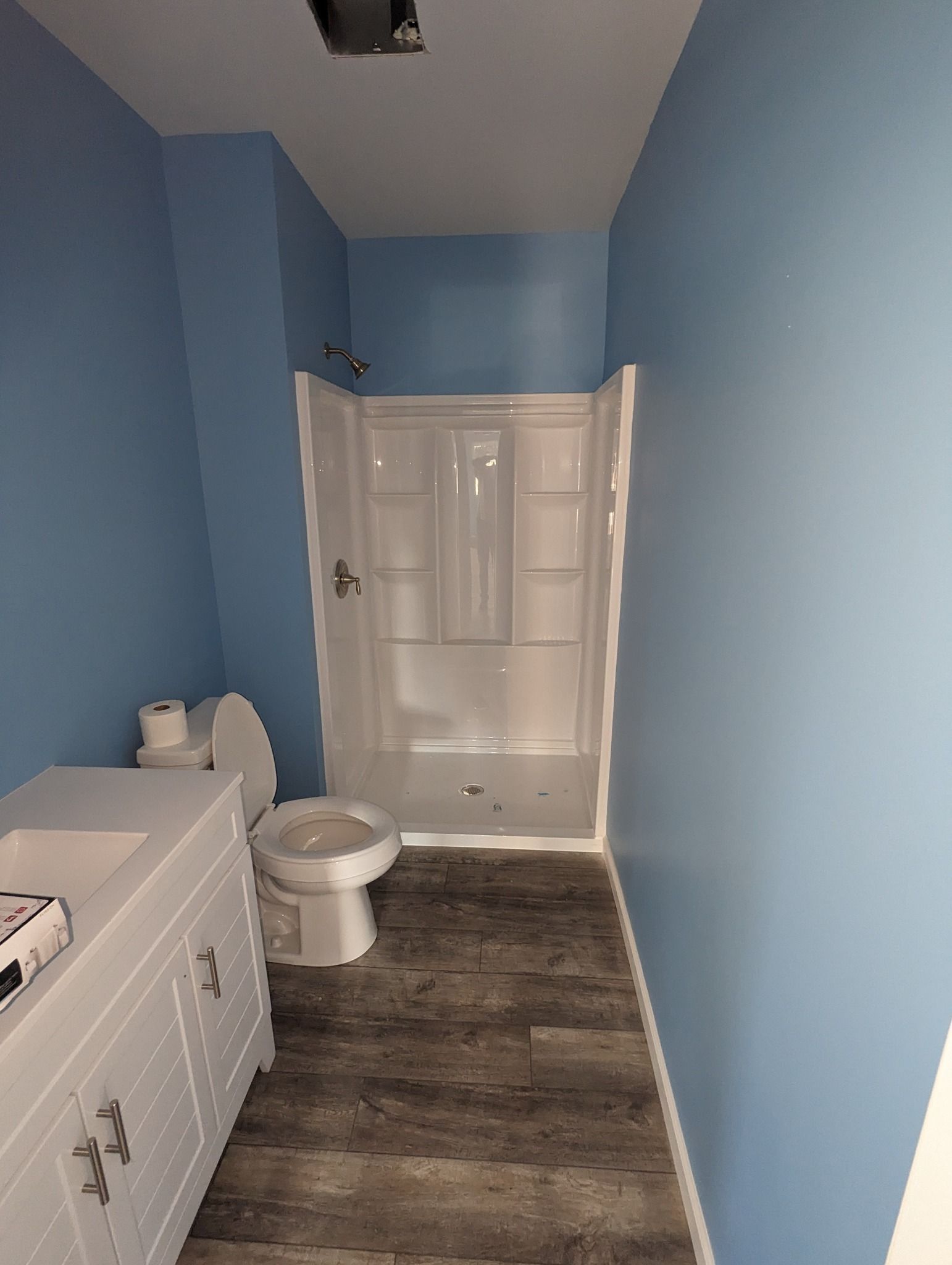 Narrow blue bathroom with toilet, white vanity, and shower curtain at the end.
