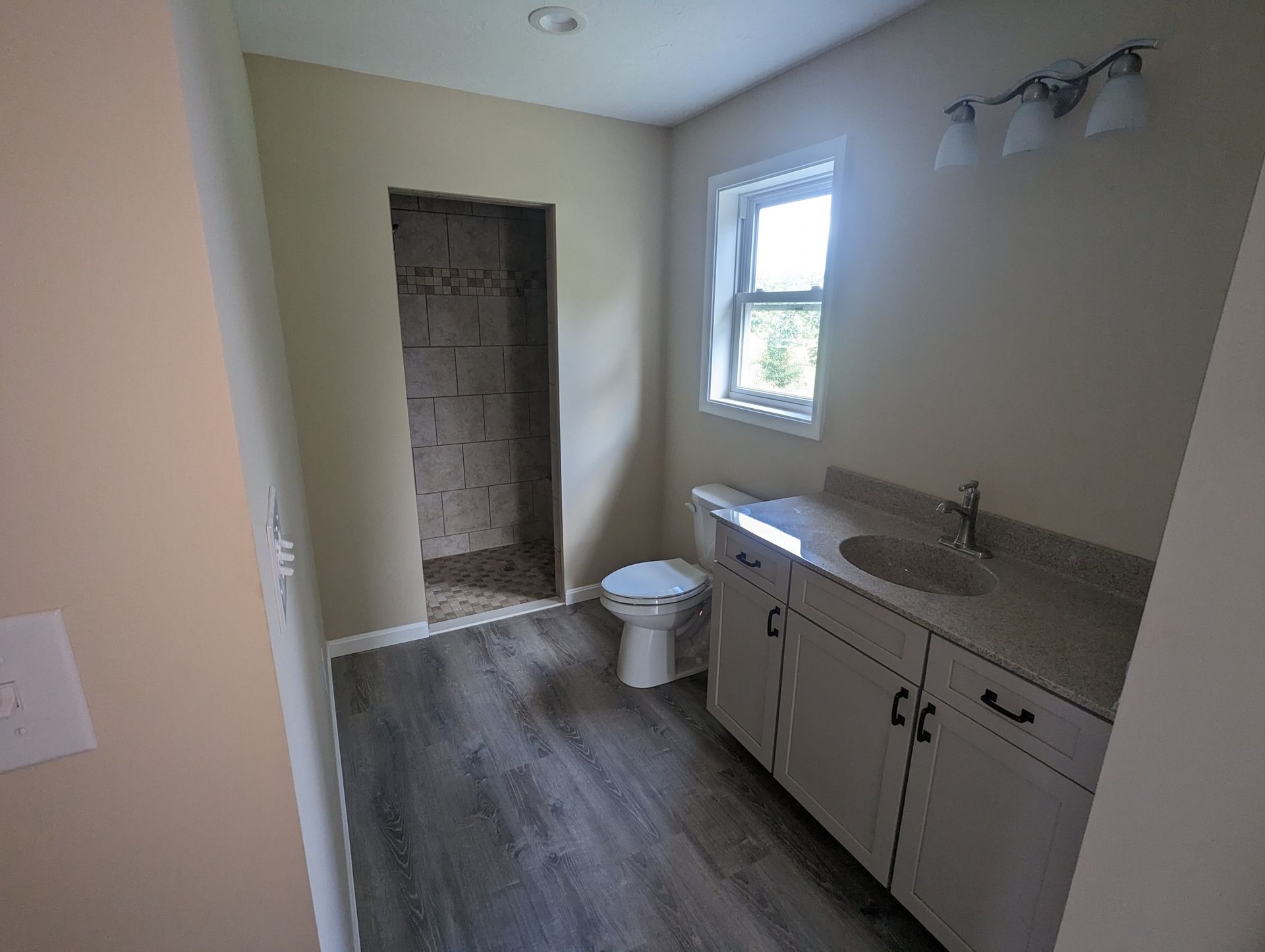 Empty bathroom with gray vanity, window, and dark wood-look floor; toilet near a tiled shower opening.