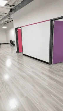 Modern hallway with glossy wood floor and large white wall panels framed in pink and black