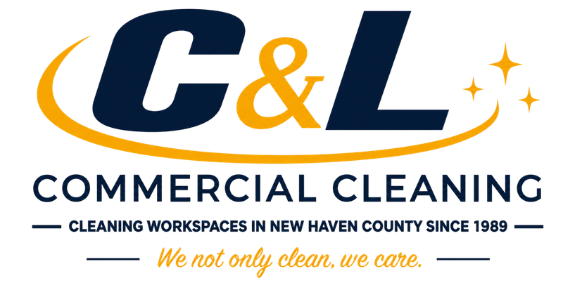 C&L Commercial Cleaning logo with navy and gold text, swoosh, and tagline “We not only clean, we care.”